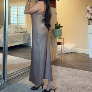 bebe Satin Maxi Dress in Taupe